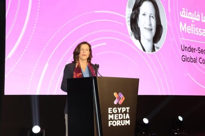 عبرت ميليسا فليمينغ، وكيلة الأمين العام للأمم المتحدة للتواصل العالمي، عن سعادتها بالمشاركة بمنتدى مصر للإعلام، المقام حاليًا بالقاهرة.